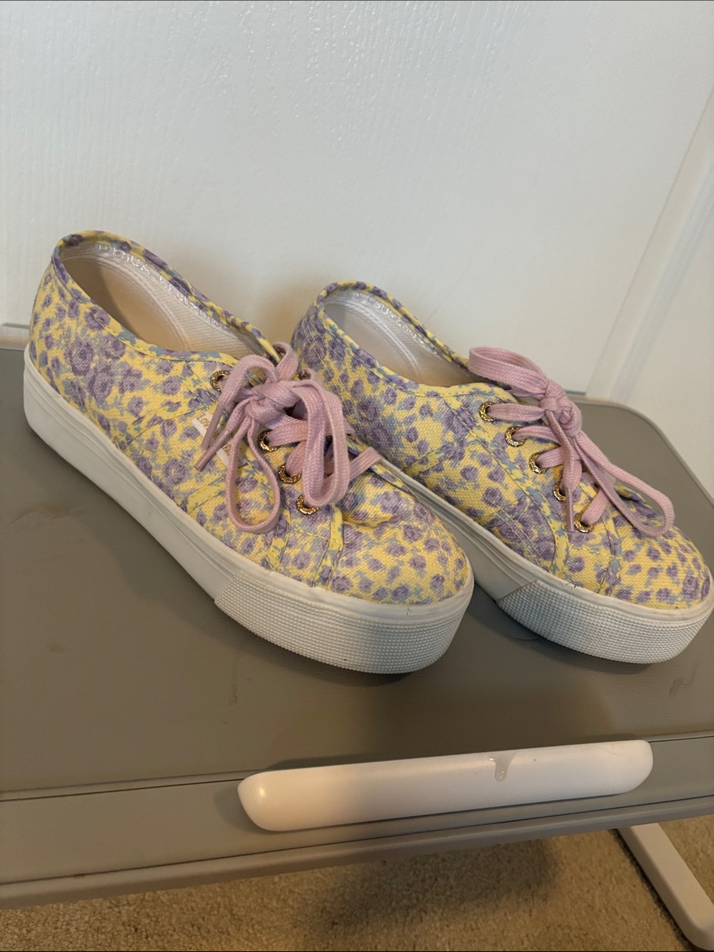 LoveShackFancy Yellow & Lavender Floral Platform Sneakers with Pink Laces